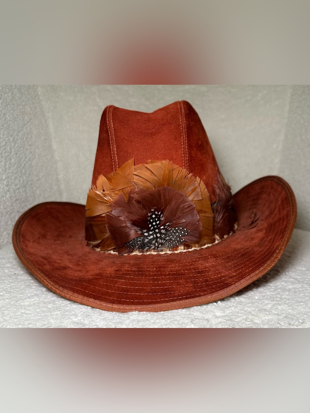 Vintage Genuine Suede Leather Western Hat Rust Orange Feathers Boho Festival 🧡🤎